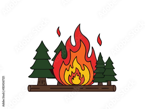 Stylized vector illustration of a roaring campfire on a log with pine trees in the background, representing camping and outdoor adventure