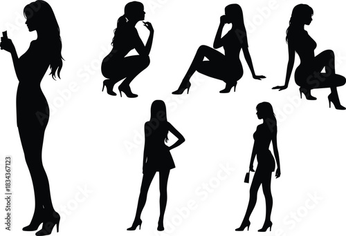 Elegant female silhouette icon set, fashionable women posing in high heels, vector illustration collection isolated on white background design elements