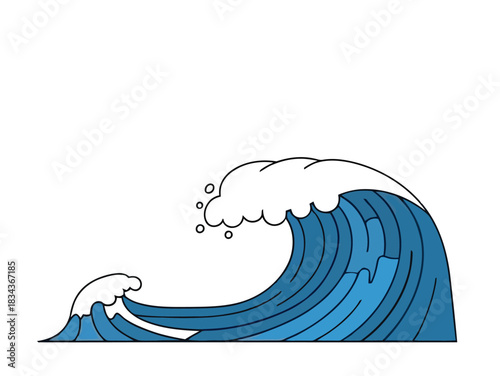 Dynamic and stylized illustration of powerful blue ocean waves with foamy crests, capturing the immense energy and fluid movement of the sea for a tranquil or energetic design element