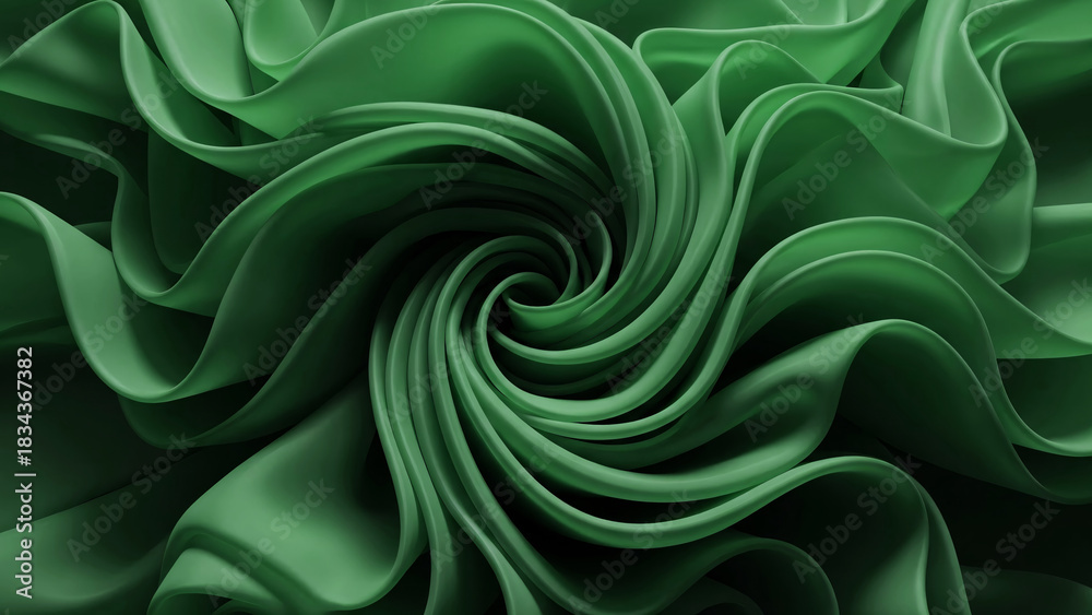 Obraz premium Green folds and ruffles of airy chiffon or satin flowing fabric. Banner background template for advertising cosmetics, perfumes, and fabric designs in a natural style, copy space.