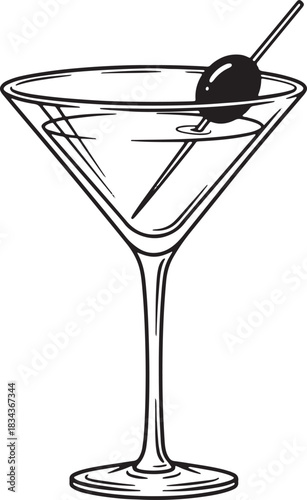 Elegant martini glass with olive monochrome illustration on white background