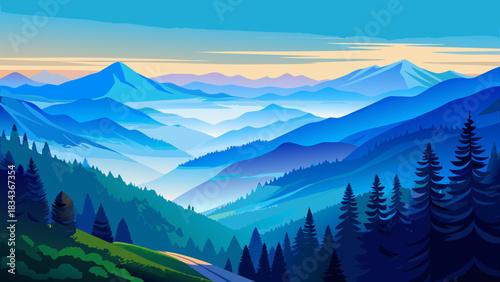 Very beautiful nature scene along the Blue Ridge Parkway featuring soft rolling ridges, layered forests, and gentle atmospheric haze that creates a calm and timeless mountain landscape.
