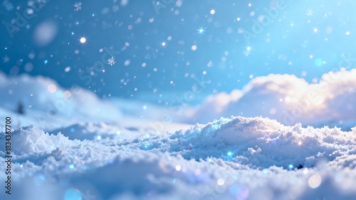 Enchanting Snowy Landscape with Celestial Light and Blue Winter Atmosphere.