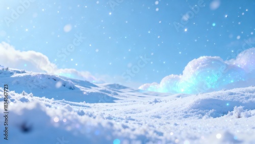 Magical Winter Landscape with Sparkling Stars and Dreamy Blue Sky.