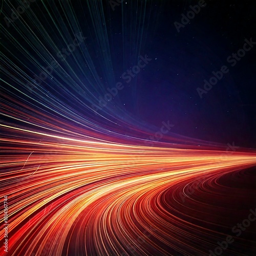 Abstract red and blue fractal burst features a bright, colorful design with glowing digital lines and a futuristic wave pattern backdrop