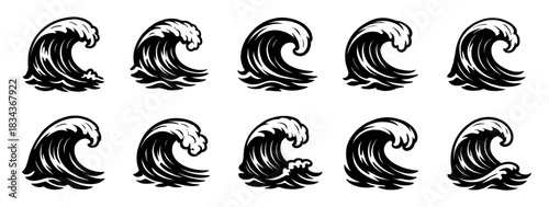 Silhouettes of dynamic ocean waves with curved flowing forms. Each wave has expressive movement and detailed crest highlights