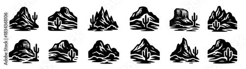Silhouettes of desert mountains with cactus elements in rugged dry terrain. Each scene shows unique rocky shapes and spaced vegetation