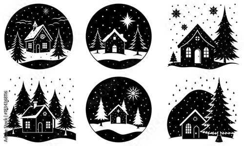 Festive winter village scenes, charming holiday houses under snowfall, nostalgic Christmas designs for cards and seasonal greetings, vectorized elegance
