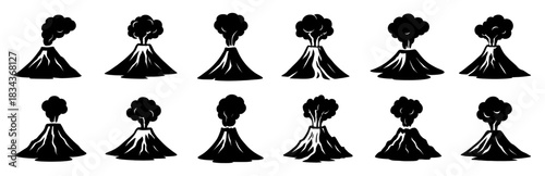 Silhouettes of erupting volcanoes with rising smoke plumes. Each cone has unique lava paths and strong structural lines