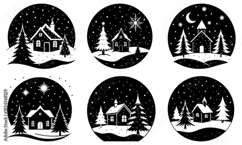 Charming winter village scene with cozy homes, snowy landscapes, and starry nights, perfect for holiday cards, seasonal designs, and festive creations