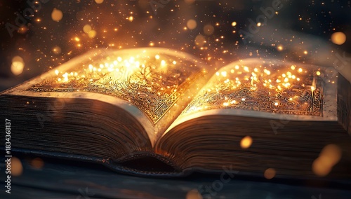 Aged book radiating golden luminescence, ornate binding gleaming, casting magical sparks across weathered wooden surface in shadowy interior, evoking mystical ambiance