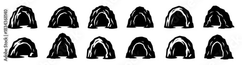 Silhouettes of cave entrances with uneven rocky outlines. Each cave shows unique opening shape and textured edges