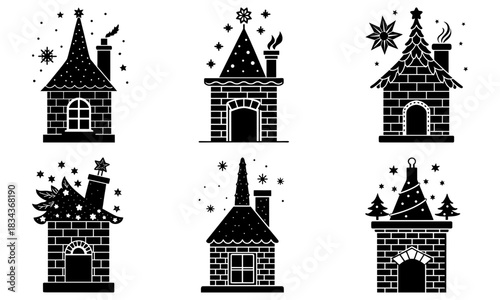 Whimsical holiday homes vector art for joyful Christmas designs, cute winter cottage graphics, festive village icons for cards and decorations