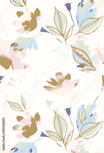 Seamless colorful floral pattern. Hand drawn flowers, herbs, leaves, branches, berries, tulip. Simple cute flat vector elements. Design for textile, cover, wallpaper