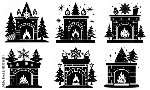 Festive fireplaces with Christmas trees creating cozy holiday warmth, perfect for seasonal greetings and joyful winter designs with cheer