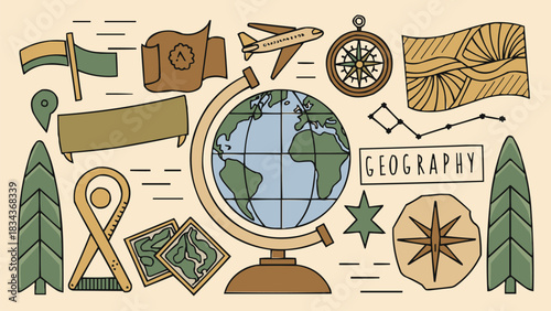 Geography themed illustration with globe compass airplane maps and nature elements in hand drawn education style