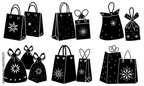 Festive gift bags for holiday shopping season, perfect for Christmas promotion, retail sale, and seasonal marketing, originally a scalable vector graphic
