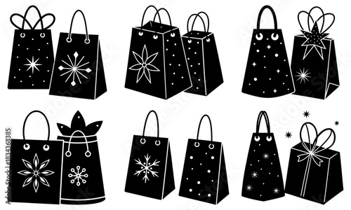 Charming shopping bags with festive star designs for holiday promotions, retail sales, and cheerful seasonal marketing campaigns, originally vector based
