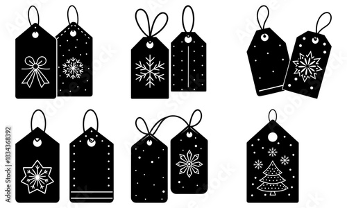 Charming Christmas gift tags with snowflakes, trees, and bows for holiday presents, making the season bright with festive cheer, originally a scalable vector