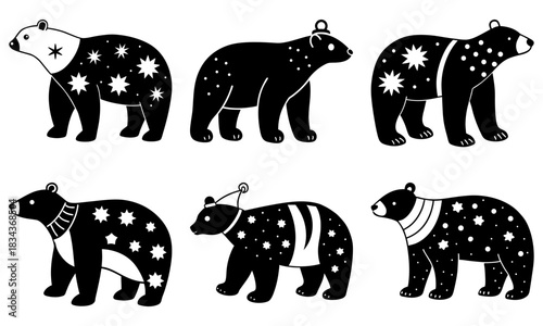 Enchanting collection of whimsical black bears adorned with celestial stars and playful patterns, perfect for holiday designs and magical kids' projects