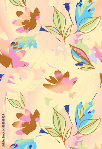 Seamless colorful floral pattern. Hand drawn flowers, herbs, leaves, branches, berries, tulip. Simple cute flat vector elements. Design for textile, cover, wallpaper