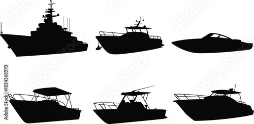Black boat silhouette icon set, military ship, yacht and speedboat collection, marine vector illustration isolated on white background design elements