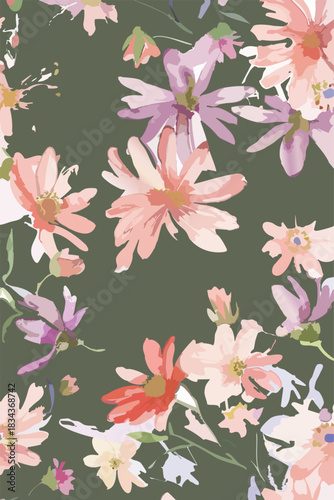 seamless floral pattern on a black background. The pattern is densely packed with small bouquets of flowers. The flowers are stylized, appearing almost like peonies or large roses.