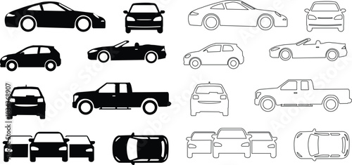 Black car icon set in flat and line style, vehicle silhouette collection with SUV, sedan, convertible and pickup group, monochrome transport symbol pack and automotive graphic synonym illustration