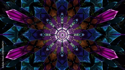 Vibrant crystalline mandala with sharp reflective petals and glowing abstract geometry, radiant symmetrical kaleidoscope design in deep purple and blue tones, futuristic ornamental 3D digital artwork 