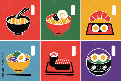 Colourful Japanese food illustration set featuring ramen bowls sushi and bento icons in bold minimal style
