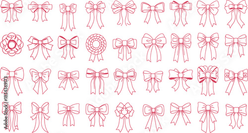 Large Outline Vector Collection of Various Decorative Red Ribbon Bows and Knots