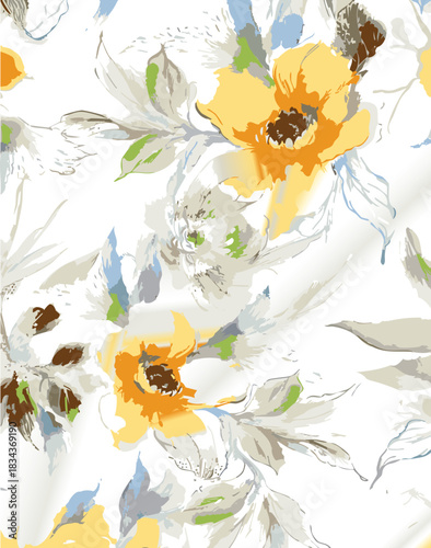 Seamless colorful floral pattern. Hand drawn flowers, herbs, leaves, branches, berries, tulip. Simple cute flat vector elements. Design for textile, cover, wallpaper