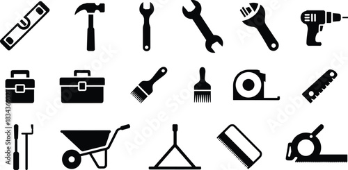 PrintBlack Silhouette Icons of Construction and Hand Tools Set, Including Hammer, Drill, Saw, Wrenches, and Paintbrushes for DIY and Repair