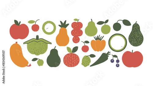 Colourful fruit and vegetable icons arranged in simple flat illustration style