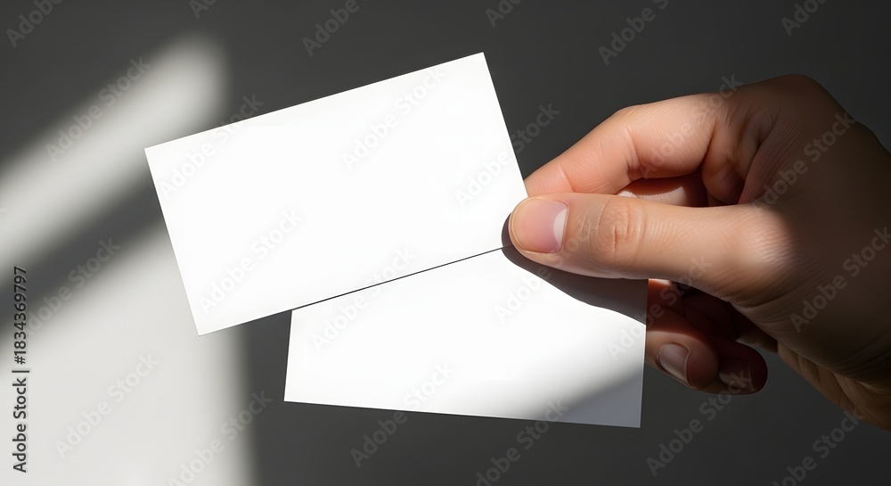 Fototapeta premium Hand holding two blank white perforated paper cards or tickets with a dotted line, casting shadows in dramatic natural light against a dark background