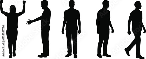 PrinDiverse people silhouette vector set, illustrating various poses, including walking, celebrating, and standing, black and white isolated.t
