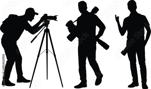 PrintProfessional photographer silhouette vector set, carrying equipment, using tripod, and taking photos, black and white isolated.
