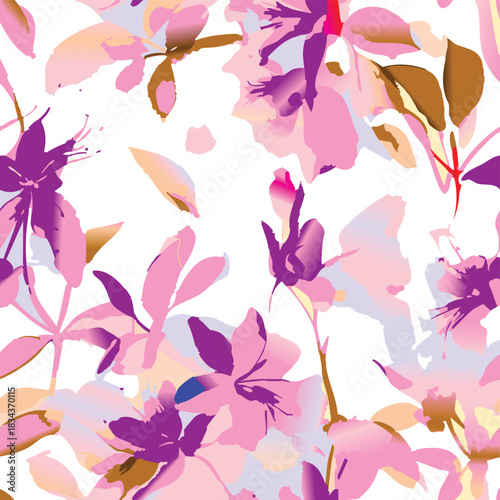 Seamless colorful floral pattern. Hand drawn flowers, herbs, leaves, branches, berries, tulip. Simple cute flat vector elements. Design for textile, cover, wallpaper