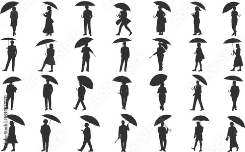 PrintSilhouettes of People with Umbrellas Walking in Rain, Black and White Vector Collection for Weather, Rainy Day, Protection, and Autumn Season