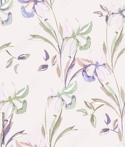 Seamless colorful floral pattern. Hand drawn flowers, herbs, leaves, branches, berries, tulip. Simple cute flat vector elements. Design for textile, cover, wallpaper