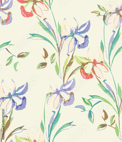 Seamless colorful floral pattern. Hand drawn flowers, herbs, leaves, branches, berries, tulip. Simple cute flat vector elements. Design for textile, cover, wallpaper