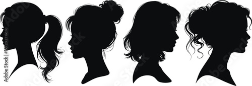 PrintWomen's head and hair styles silhouette vector set, illustrating female profile, beauty, salon, and diverse hairstyles, isolated.