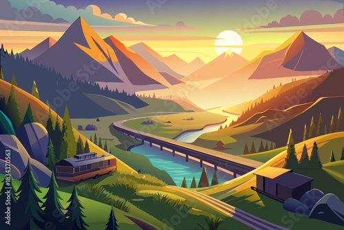 Bus on a bridge in a mountain landscape at sunset road river