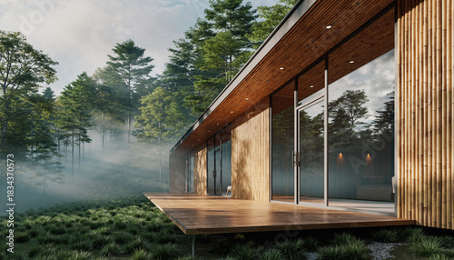 Contemporary minimalist house with a wooden deck and large glass windows surrounded by a foggy pine forest landscape