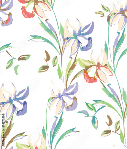 Seamless colorful floral pattern. Hand drawn flowers, herbs, leaves, branches, berries, tulip. Simple cute flat vector elements. Design for textile, cover, wallpaper
