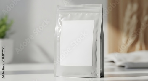 Realistic mockup of a silver standup pouch with a blank white label for product packaging design presentation in a bright, minimalist setting