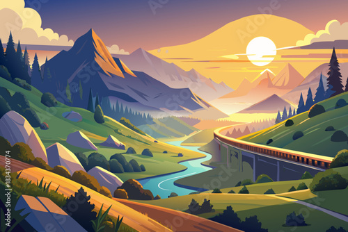 Elevated train track crossing a river valley with mountains at sunset railway bridge