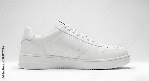 Minimalist white leather sneaker shown in profile against a clean, bright white background, perfect for fashion and footwear concepts, isolated on white background