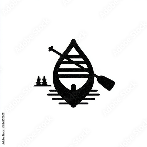 Canoe icon, minimalist textured graphic, representing canoeing, outdoor recreation, and wilderness adventure, in black and white
