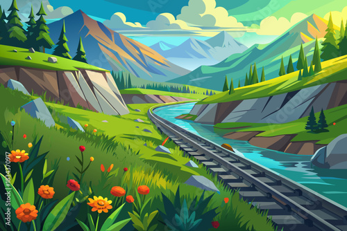 Idyllic mountain valley with a flowing river and railway line train tracks
